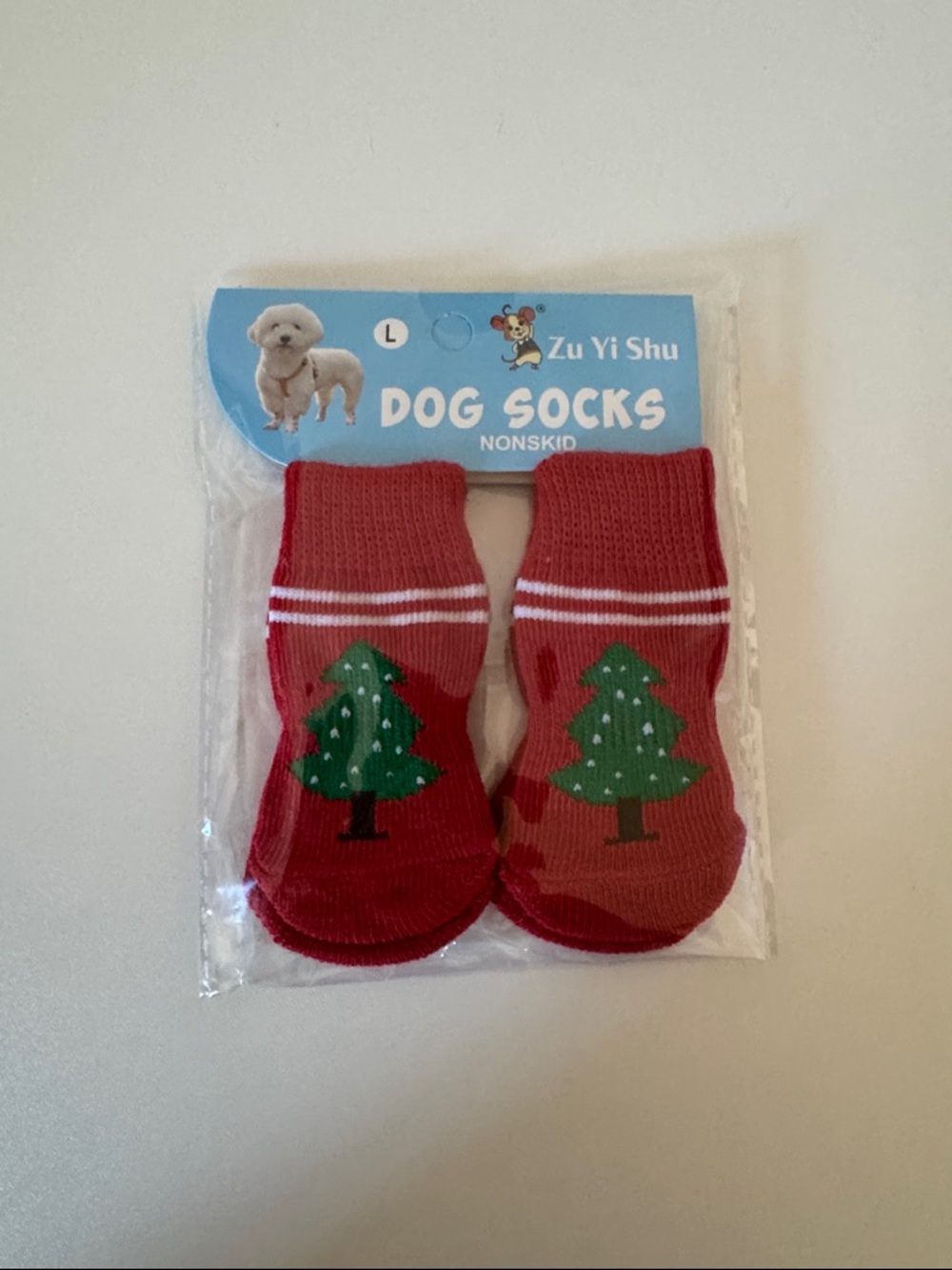 Red Dog Socks with Green Christmas Tree - Non-Skid